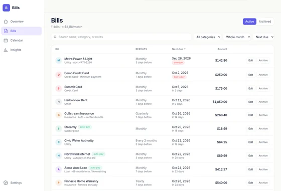 Bills list with repeat schedule, reminder lead time, next due date, and amount