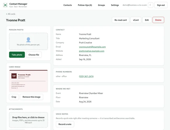 A single contact: scanned card, details, where you met, and voice notes