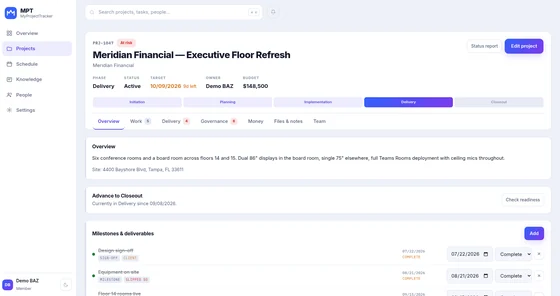 Project detail with phase tracker, budget, owner, and milestones