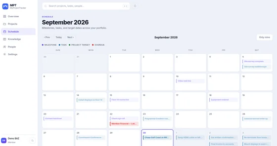 Portfolio schedule showing milestones, tasks, and project targets by month