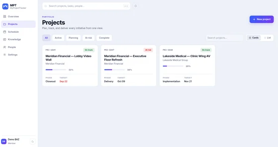 Project portfolio cards with status, progress, phase, and target date