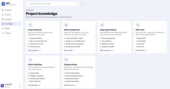 Project knowledge playbooks: lifecycle, RAID, stage-gate, RACI, status reporting, change control